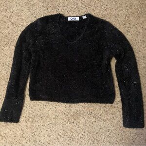 Vintage 90s Q&A brand fuzzy cropped black silver sparkly sweater soft chenille